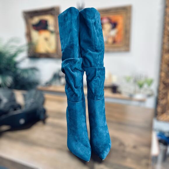JustFab Reza Teal Blue Faux Suede Slouch Knee-High Stiletto Boots Sz 7 - Picture 3 of 8